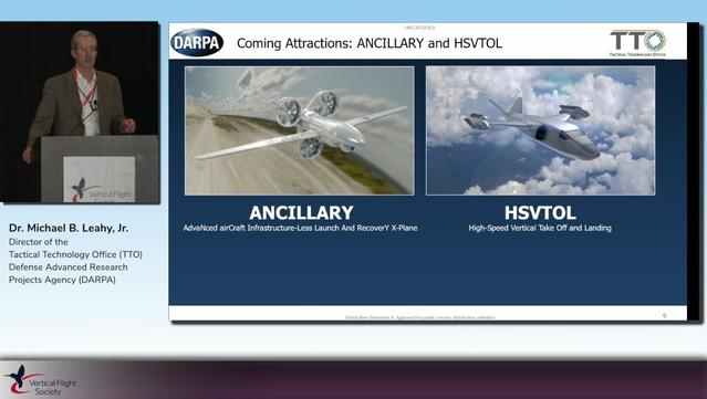 VFS livestreamed the event due to capacity limits at the venue. Dr. Mike Leahy delved deep into DARPA’s autonomous and VTOL initiatives, including the upcoming High-Speed VTOL program. (VFS screen capture)