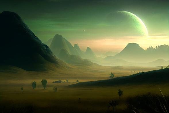 A vast desert plateau in an ancient field of rounded mountains. a large moon hangs on the horizon.