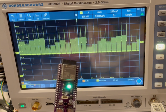 Picture shows oscilloscope and ESP32-S3 development board.

I am measuring voltage across shunt resistor in-line with ESP32-S3 power supply. Power consumption changes based on LED color and brightness.