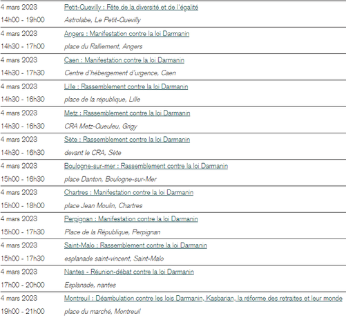 Liste des manifestations