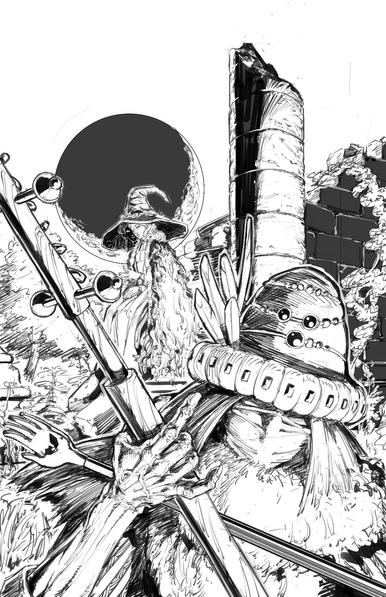A pencil of Ranni the Witch and Merchant Kale in the Church of Elleh from Elden Ring. Ranni sits on a crumbling wall in front of a crescent moon. Kale is in the foreground playing his instrument.