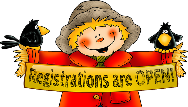 A cartoon happy scarecrow, holding up a banner which reads “Registrations are Open!”