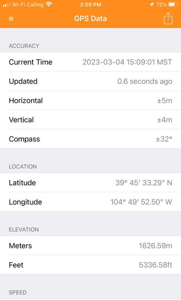 GPS Data app by Out of Time. App shows date, time, GPS coordinates, elevation, speed, and direction.