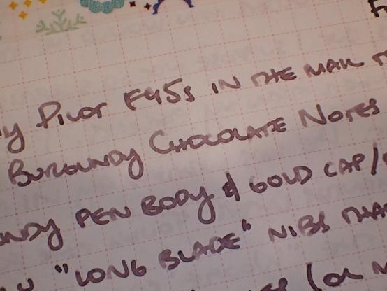 Snippet of a journal entry showing off some writing in Robert Oster Burgundy Chocolate Notes ink. "Burgundy Chocolate Notes" is centered in the frame.