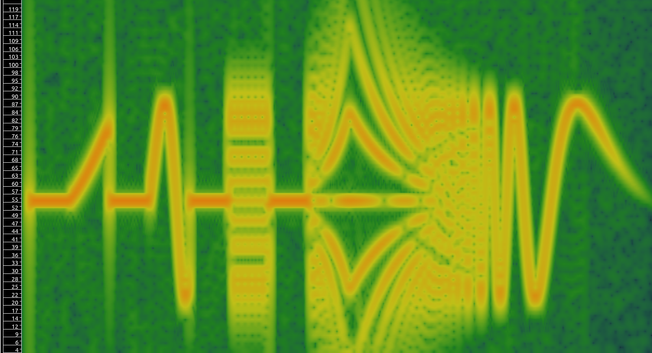 Spectrogram made by Sonic Visualiser. The subbass follows a sequence of precise curves: linear, sinusiodal, etc