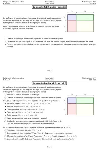 Copie d'écran d'activité portant sur la double distributivité.
On y voit un rectangle partagé en 4 rectangles plus petits de couleurs différentes.