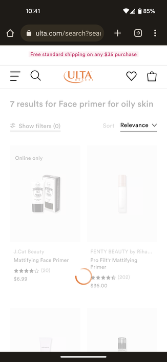 Screenshot of the EXTREMELY SLOW Ulta Beauty website when trying to load product search results