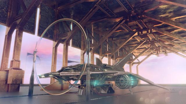A space shuttle sits in an open bay amidst the girders. a purple morning sky dawns in the background.