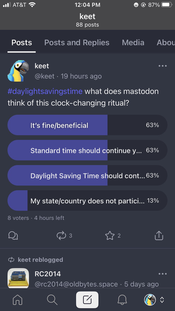 A poll about daylight saving time has 4 options. 3 of them show 63% of the total results