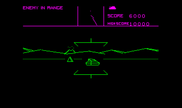 A screenshot of the ZX Spectrum version of BattleZone.
A wireframe tank is in the player's sights, a wireframe volcano erupts in the background.