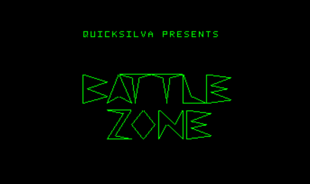 A screenshot of the title screen of the ZX Spectrum version of BattleZone.
Text reads: "Quicksilva Presents BATTLE ZONE"