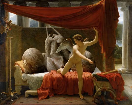 a digital composite collage. showing an interior with an openly veiled bed. two snails sit entwined on the white blanket - probably kissing each other. a winged young angel cherub flees the scene. very warm colours.