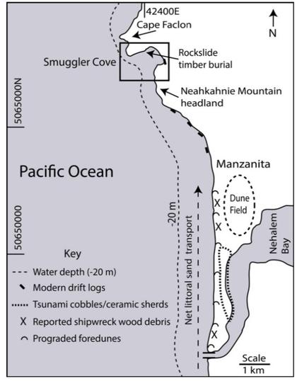 Map of Northern Oregon Coast in the Manzanita area, showing the location of the 1693 Beeswax Shipwreck, tsunami evidence from the 1700 earthquake, and Smuggler Cove to the north of Neahkahnie Mountain headland.