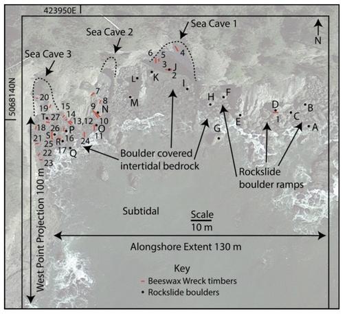 Map of identified rockfall boulders and timbers from the 1693 Beeswax Shipwreck transported and deposited along the north side of the Smuggler Cove.