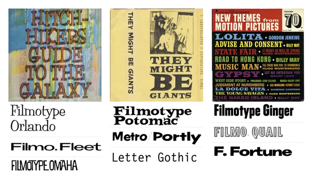 Detail from the homepage at fontsinuse.com, with thumbnail images for the three mentioned uses.