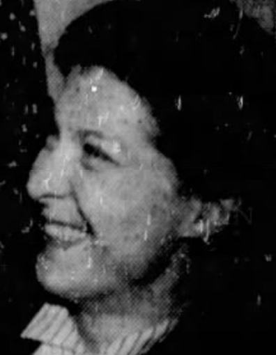 Barbara Lattimer Krader, from a 1955 newsletter; smiling white woman with dark hair, wearing a striped shirt