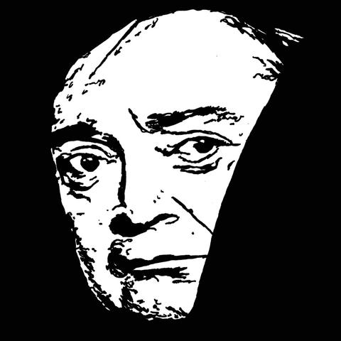 Pen drawing of Peter Lorre drawn on a black background.