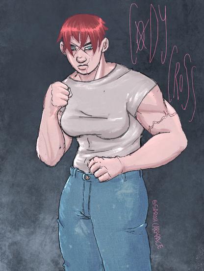art work of Cody Cross, a tall, muscular woman. She has pink-ish hair, a scared face and wears a plain white/grey t shirt and blue jeans. She is in a loose boxing pose, ready to fight.