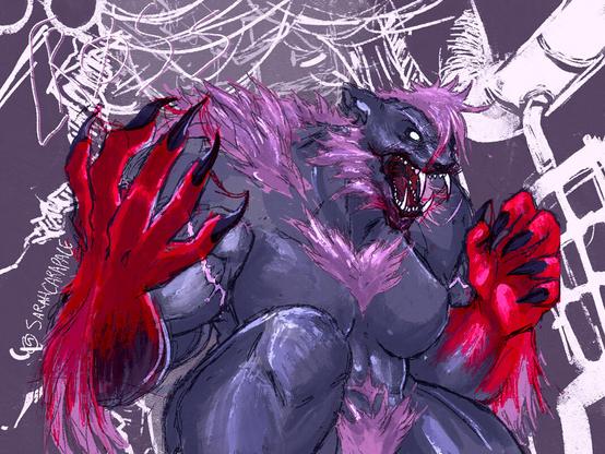 Cody Cross in her Gauru killing form, she is extremely muscle-bound, with long dark claws, a mane of pink-ish hair, long sabrelike fangs and grey skin. She in hunched over, her open maw and claws slick with blood