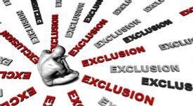 Illustration of a person appearing to be sitting on an all white surface with legs crossed and head down.  The word “EXCLUSION” in red, grey and black text appears many times, encircling the individual and radiating outward as if isolating the person.

Image gg81254030 courtesy of GoGraph.com
