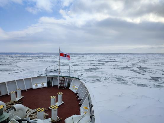 View from a ship making its way through sea ice