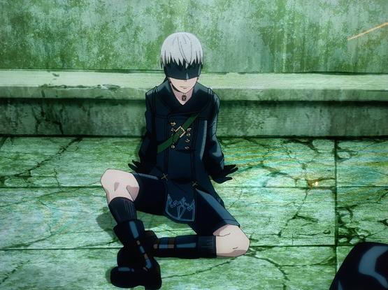 Screen capture of 9S sitting on the floor