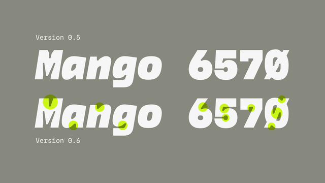Sample glyphs in MD IO version 0.5 and 0.6. Key differences are highlighted in the newer version, like simplified ink trap shapes and smoothed curves.