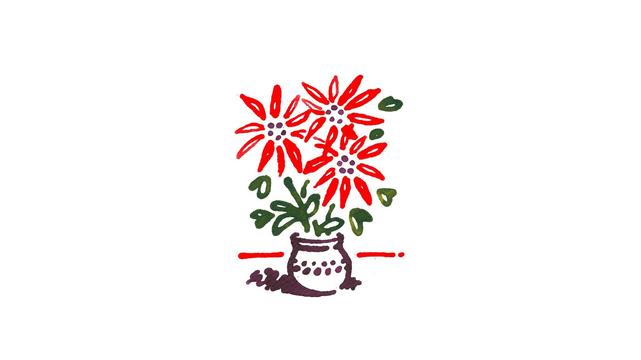 An ink drawing of flowers in a pot / vase.