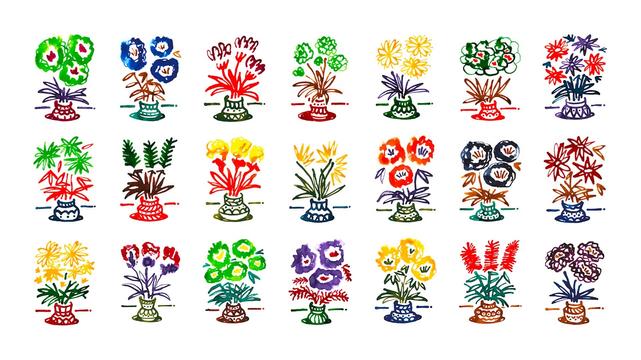 An ink drawing of many flowers in pots / vases shown side by side on three rows