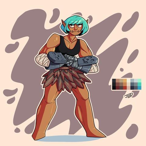 a big orc lady with a fur skirt and tombstone gauntlets and a black tank top. her skin is orange and her hair is teal/cyan.