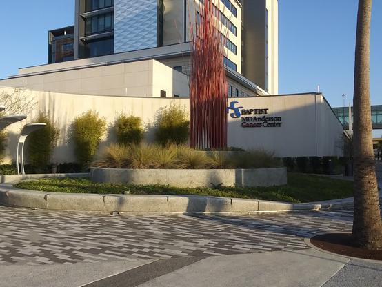 Outdoor artwork at the front of a Cancer Medical Center building. A large fountain-looking structure. Instead of water, the "fountain" has numerous large thin red strands reaching upwards. Encircled by manicured shrubbery.
