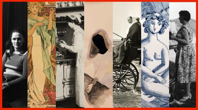 Collage mit 7 Bildern aus den einzelnen virtuellen Ausstellungen (Details):
Foto von Frau, sitzend, Zeichnung Frau mit Champagnerglas, Foto Frau mit Haube und Schürze, Malerei Frau ohne Gesicht mit Kopftuch, wohl zu Pferde, Foto von Frau mit Haube als Wagenlenkerin, Keramikmalerei von nackter, sitzender Frau, Foto von Frau in Kleid vor Staffelei
