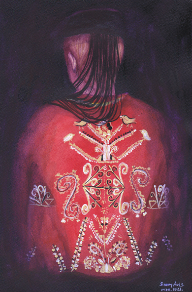 A water colour painting of a man from waist up, he's mostly in the dark and has his back turned towards the viewer. He's wearing a red jacket, which is a part of Bukovica folk clothes. The only lit part of the painting is the back of the jacket, showing its black white and gold embroidery that mostly depicts plants, wheat, flowers and birds. The signature in the bottom right corner says "Snowy Avis mar.2023"