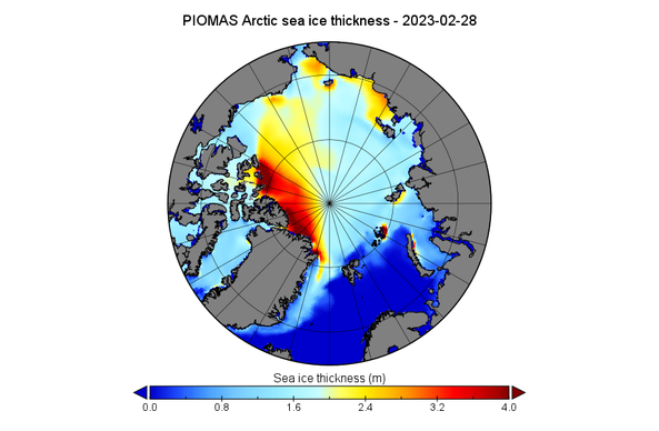 The University of Washington's 
Polar Science Center's PIOMAS modelled Arctic sea ice thickness map for February 28th 2023