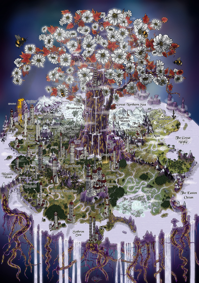 Isometric map of a world tree with waterfalls, towns and a tree canopy of flowers.