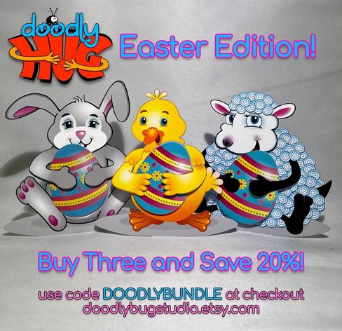 three adorable DoodlyHug standup cards, a bunny, chick and lamb, each holding a colorful easter egg mini-card with a personalized message inside.