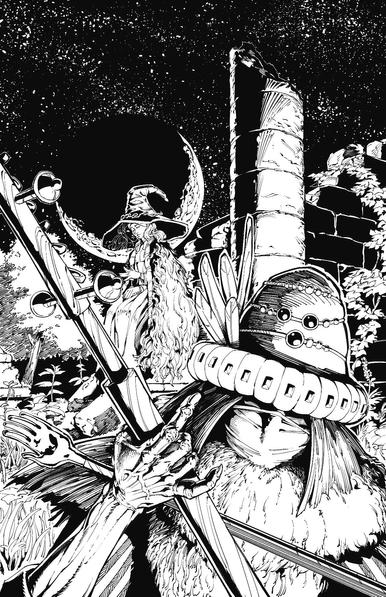 A digital ink drawing of Ranni the Witch and Merchant Kale in the Church of Elleh from Elden Ring. Ranni sits on a crumbling wall in front of a crescent moon. Kale is in the foreground playing his instrument.