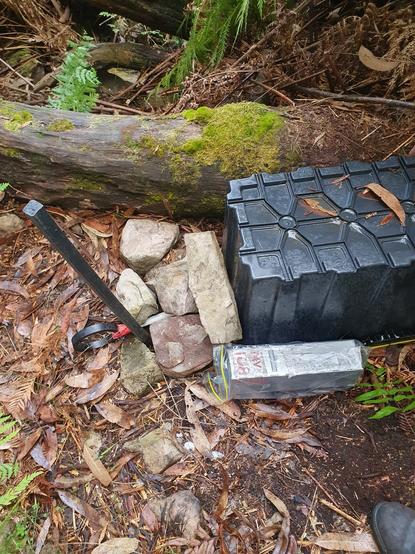 Small live animal trap, next to a plastic box in the bush.