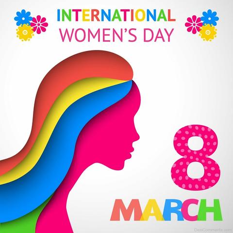 Image is an illustration on a white background in multiple fluorescent colors. Text across the top in celebration reads: “International Women’s Day” with blue, pink and yellow flowers on each side.  In the bottom right, a large pink number “8” sits atop of the word “March" with each letter a different color (orange, yellow, blue, pink and green).

From bottom left to center, a silhouette of a woman with long flowing orange, yellow, blue and green hair and face of pink.