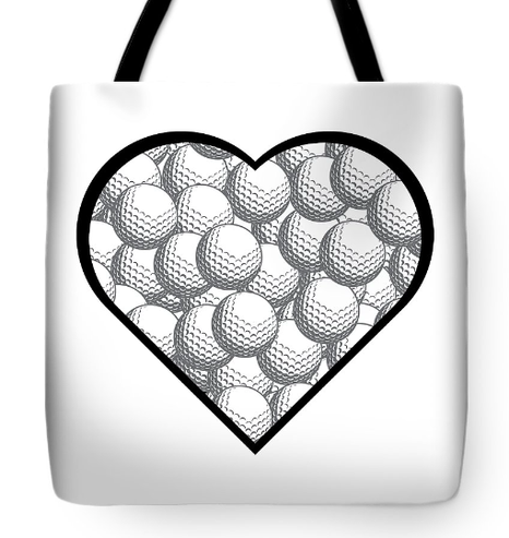 Our Golf Heart design is shown on a tote bag, with a huge heart filled with many golf balls.