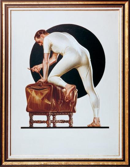 man wearing combinations, packing a travel bag. Art by J C Leyendecker