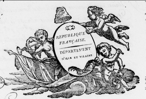 En-tête Département d'Ille-et-Vilaine, an II. Anges sonnant clairon et battant tambour, bonnet phrygien et drapeau