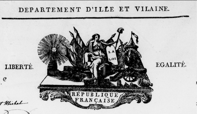 En-tête Département d'Ille-et-Vilaine, an VIII - femme tenant une lance piquée d'un bonnet phrygien, drapeaux, soleil rayonnant et mention "Force et Vigilence"