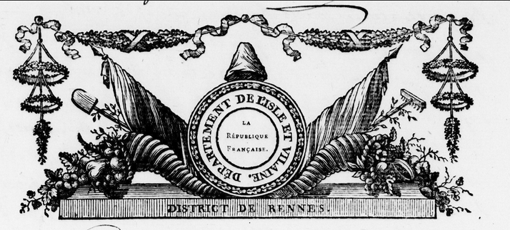 En-tête département de l'Isle-et-Vilaine, an II - composition chanmpêtre avec guirlandes de végétation, rateau, pelle et bonnet sans doute phyrgien