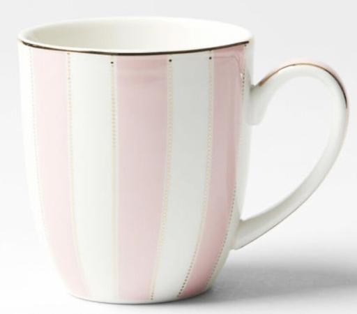 A smaller mug with pale pink and white thick stripes and a handle that looks like half a love heart in shape. The sides of the mug are curved. At either edge of each stripe are lines consisting of tiny dots in gold. The lip of the mug is also gold and the handle is pink on top and white on the inside with gold (solid) stripes down either side of the handle. The mug is plain white inside.
