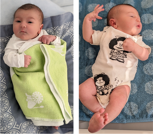 Two pictures of a new born baby: on the left swaddled in a green blanket, on the right wearing a body with Mafalda