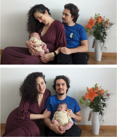Two pictures of the new family: Valentina, Fabian, and Lea, their daughter.