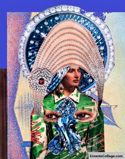 She wears an all-knowing turban, and a multicolored dress. You will notice she has two pairs of eyes. The ones on her chest are all seeing, and she can read both your mind and your future. A blue zodiac clock forms a majestic halo around her head. The background is painted in the colors of infinity and fortune - bluish purple, reds and gold. She is a mind reader, a fortuneteller, an all-knowing soul. Surreal paper collage.