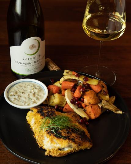 photo of organic Jean-Marc Brocard Chablis wine with pan sautéed walleye