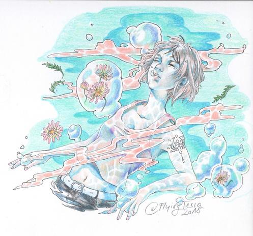 By Anna Lena Faltermann, a drawing of a woman floating underwater. She is surrounded by bubbles, flowers and leaves. The light is reflecting on her body.